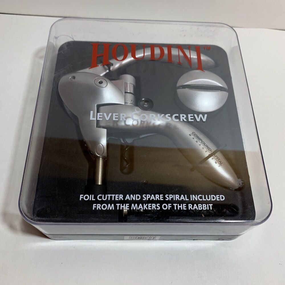 HOUDINI LEVER CORKSCREW Wine Bottle Opener w/Foil Cutter & Spare Spiral Included